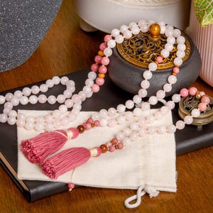 Rose Quartz Rhodochrosite Mala Bead Necklace: Self-Love Meditation Set