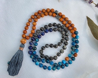 Black Labradorite, Apatite & Lapis Lazuli Mala – 108 Bead Meditation Necklace with Sandalwood and Linen Tassel