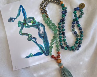 Azurite, Green Aventurine & Pyrite Mala Necklace – 108 Reiki-Infused Beads with Bamboo Tassel | Meditation Set with Bracelet and Pocket Mala
