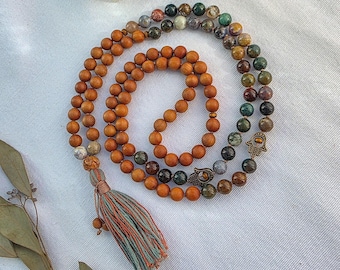Sandalwood & Indian Agate Mala Necklace – 108 Bead Meditation Mala, Grounding Yoga Prayer Beads with Tassel