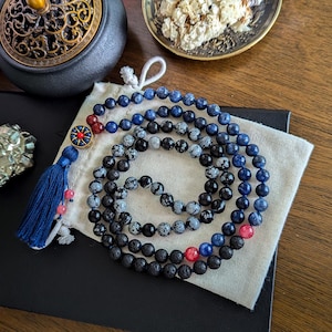 Sodalite, Snowflake Obsidian, & Lava Rock Mala - 108 Beads for Spiritual Protection and Meditation