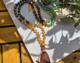 Citrine, Pyrite, Green Aventurine & Tigers Eye Mala  108 Reiki-Infused Beads | Hand-Knotted Healing Gemstone Meditation Necklace
