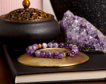 Amethyst & Tourmaline Wrist Mala: Reiki-Infused Gemstone Bracelet