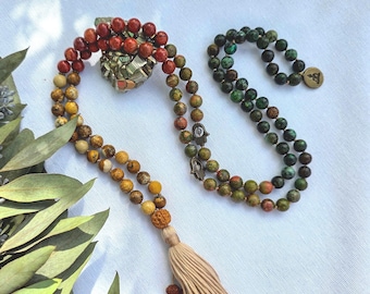 Earthy Mala Necklace  108 Hand-Knotted Beads with Picture Jasper, Unakite, Red Jasper & African Turquoise