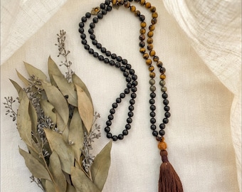 Grounded Protection Mala Beads • Matte Onyx, Tiger Eye & Pyrite • 108 Bead Hamsa Mala Necklace for Strength, Courage and Energy Shielding