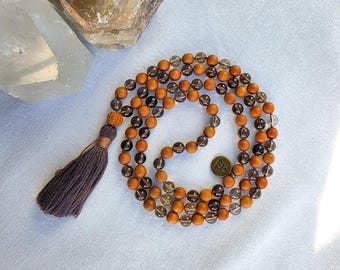 Sandalwood & Smoky Quartz Mala – 108 Bead Duality Meditation Necklace, Reiki Infused Japa Mala for Grounding and Protection