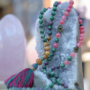 Ruby Zoisite Mala: Jasper & Angelite 108 Prayer Beads, Heart Chakra