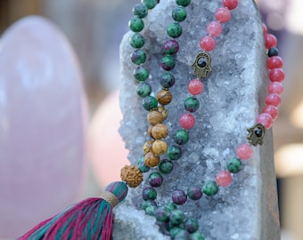 Ruby Zoisite Mala: Jasper & Angelite 108 Prayer Beads, Heart Chakra