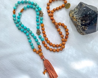 Sandalwood & Turquoise Mala Necklace  108 Bead Meditation Mala, Hand Knotted Prayer Beads for Yoga, Mindfulness and Spiritual Healing