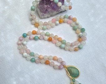 Self Love Mala Beads 108 | Rose Quartz, Kunzite & Amazonite Necklace | Heart Healing Crystal Mala | Green Aventurine Pendant Yoga Jewelry