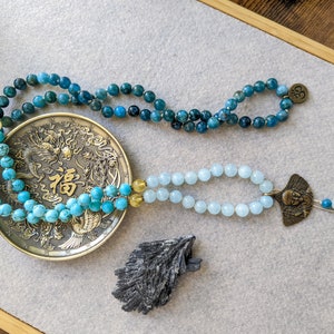 SPIRITUAL CONNECTION Mala, Buddha Brass Pendant, 108 Mala Beads, Blue Stone Necklace
