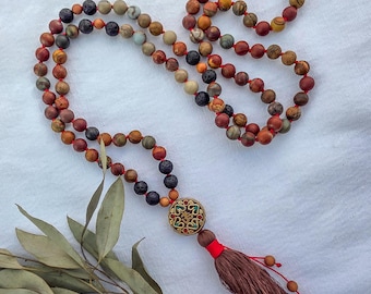 Red Creek Jasper Mala Necklace – 108 Bead Meditation Mala with Serpentine, Lava Rock & Sandalwood, Protection Yoga Beads
