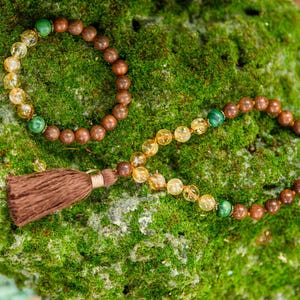 Sandalwood, Citrine & Jade Pocket Mala and Matching Bracelet Set, Hand-Knotted Mala, Meditation mala, Buddhist Beaded Mala, Yoga Lover Gift