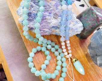 INTUITIVE HEALING, Amazonite Buddhist Mala Necklace, 108 Japa Mala, Meditaion Gift