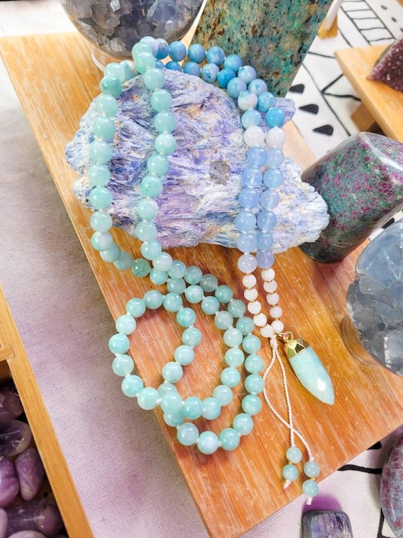 INTUITIVE HEALING, Amazonite Buddhist Mala Necklace, 108 Japa Mala, Meditaion Gift