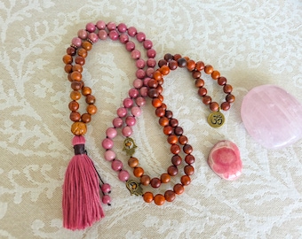 Rhodochrosite Sandalwood Mala Necklace: Reiki-Infused, Hamsa Protection