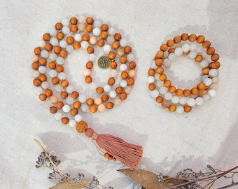 Sandalwood & Peach Aventurine Mala Necklace – 108 Beads for Balance, Emotional Healing and Meditation | Reiki-Infused Healer Mala