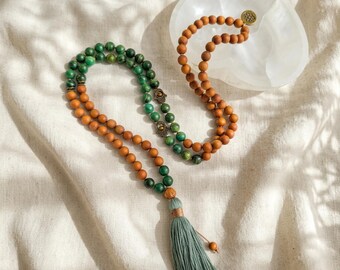 Abundance & Protection Mala Necklace 108 Beads – Green Jade Sandalwood, Hamsa Hand Meditation Mala, Spiritual Jewelry