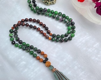 Heart & Root Chakra Mala 108 Beads | Ruby Zoisite, Red Tiger Eye and Sandalwood | Grounding Healing Meditation Necklace