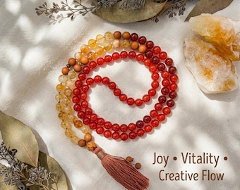 Radiant Joy Mala Beads • Carnelian, Citrine & Sandalwood • 108 Meditation Necklace for Confidence, Creativity and Solar Plexus Healing