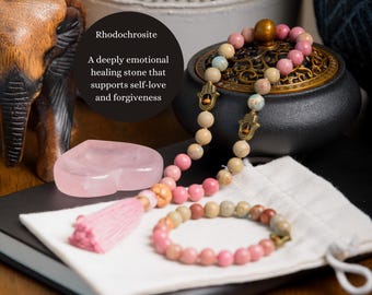 Rhodochrosite Serpentine Mala Bracelet & Pocket Mala: Reiki-Infused Healing Beads