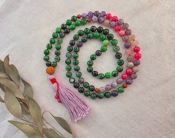 Ruby Zoisite & Pink Tourmaline Mala – 108 Bead Heart Chakra Meditation Necklace with Red Angelite Accents