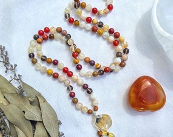Sacred Fire Mala 108 Beads – Carnelian & Citrine Necklace, Red Jasper Smoky Quartz Mala, Spiritual Meditation Beads