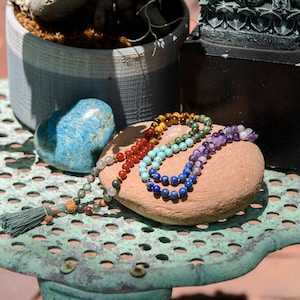 Seven Chakra Mala Necklace: 108 Prayer Beads, Tassel Meditation Necklace