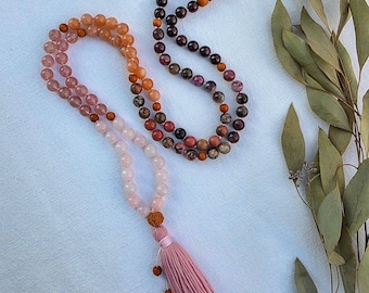 Self Love Mala Necklace – Garnet, Rhodonite, Rose Quartz & Moonstone 108 Bead Reiki Infused Meditation Mala with Rudraksha