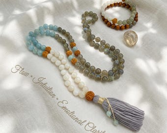 Intuitive Healing Mala Beads  Aquamarine, Moonstone & Labradorite  108 Knotted Meditation Necklace  Calming Spiritual Jewelry Gift