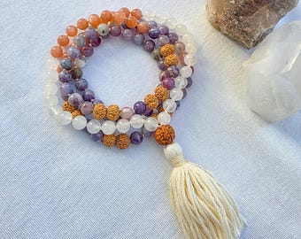 Pink Tourmaline, Peach Moonstone & White Jade Mala – 108 Bead  Meditation Necklace