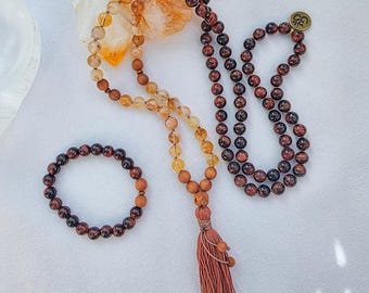 Fire Energy Mala Necklace  Citrine Red Tigers Eye Sandalwood Mala, 108 Bead Meditation Mala, Abundance Confidence Mala