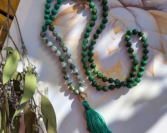 Jade, Malachite & Moss Agate Mala Beads  108 Reiki-Infused Meditation Necklace | Hand-Knotted Healing Gemstone Japa Mala