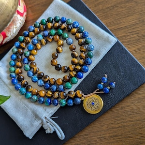 Azurite & Tiger Eye 108-Bead Mala  Reiki-Infused Meditation Necklace for Strength, Clarity, and Spiritual Healing