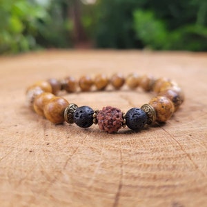 Grounding Mala Bracelet, Lava Rock Jasper Rudraksha Beads, Mindful Gift