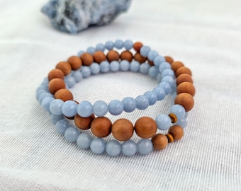 Angelite & Sandalwood Bracelet Set | Calming • Peaceful • Grounding | Wrist Mala Bracelets