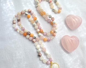 Kunzite Rose Quartz Mala Necklace  108 Bead Meditation Mala with Clear Quartz, Howlite & White Jade, Yoga Prayer Beads, Spiritual Jewelry