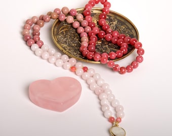 Rhodochrosite Rose Quartz Mala: Reiki-Infused 108 Bead Necklace
