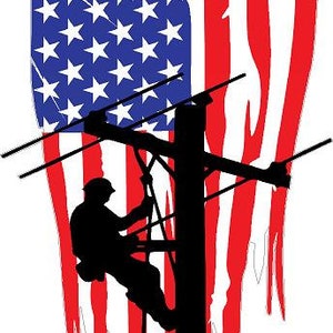 May include: Silhouette of a worker climbing a utility pole with power lines, set against a distressed American flag background.