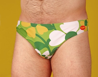 Green 70's Floral Couch Swim Brief, Retro Homecrest Pattern Swimwear, Dopamine Dressing, Fun Gay Men's Flower Speedo
