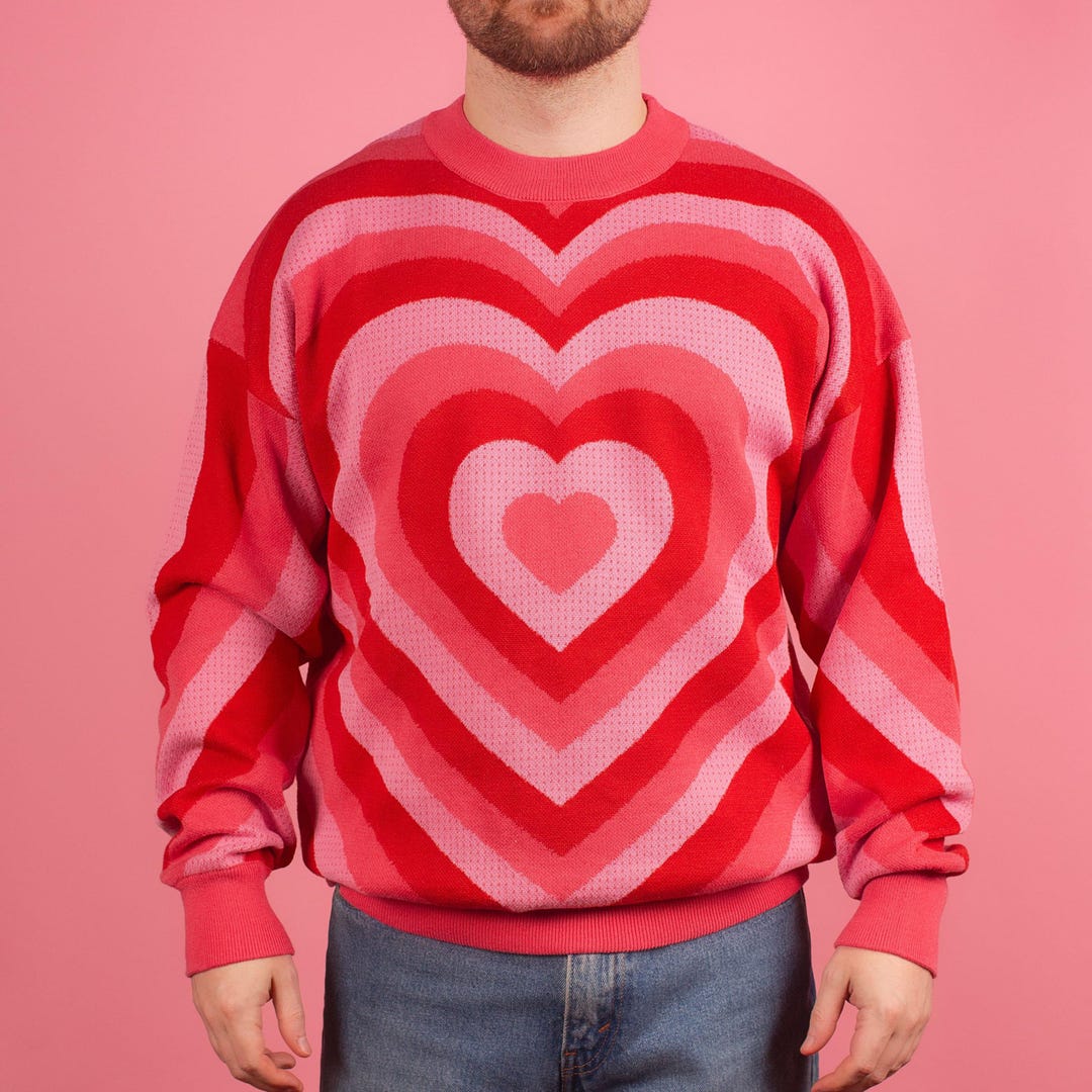 Radial Heart Knit Sweater, Valentines Day Funky Loud Bright Red
