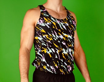 80's Pattern Tank Top, 1980's Inspired Brushstroke Retro Vintage Gym Workout Tank for Bodybuilding and Exercise