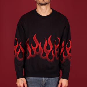 Y2K Flames stickad tröja, bekväm långärmad tröja från 2000-talet med stickad flammdesign, trendig unisex stickad tröja