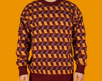 3D Geometric Knit Sweater, Funky Retro Jumper, Fun Pattern Pullover