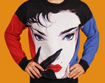 Femme Fatale Knit Sweater, 1980s Patrick Nagel Inspired Knit, Red and Blue Jumper