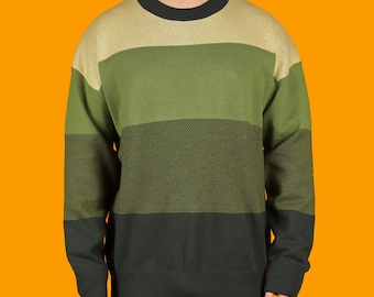 Tan & Green Stripe Knit Sweater, Cute Cozy Jumper