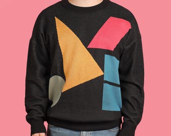 80's Primary Shapes Knit Sweater, Memphis Art Style, Geometric Shape Color Knit, Funky 1980's Jumper