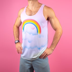 70&#39;s Pastel Rainbow Tank Top, 1970s Sky and Clouds Retro Inspired Vintage Gym Workout Tank LGBT Gay Queer Pride Outfit