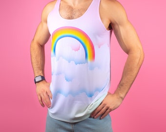 70's Pastel Rainbow Tank Top, 1970s Sky and Clouds Retro Inspired Vintage Gym Workout Tank LGBT Gay Queer Pride Outfit