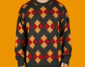 Green Checkered Squares Knit Sweater, Cute Retro Inspired Jumper